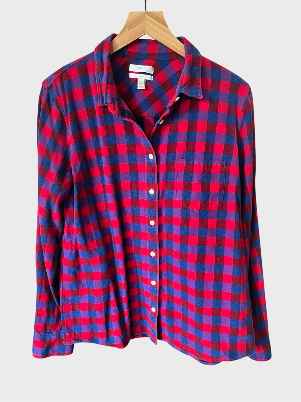 J. Crew women’s Red and Navy Plaid flannel Boy Button-Down Shirt.